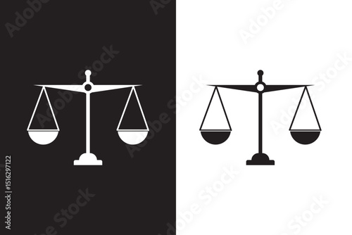 Black balance scale icon representing justice and law on a white background