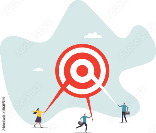 Teamwork aiming on the same target, collaboration to succeed in the same goal, partnership strategy.character for design.