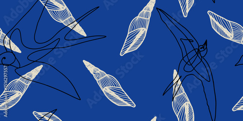 Seashells and birds pattern on blue background pattern