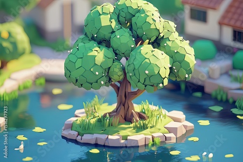 Low-poly tree by pond