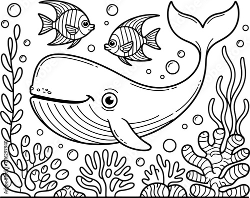 Happy whale and angelfish ocean scene coloring page