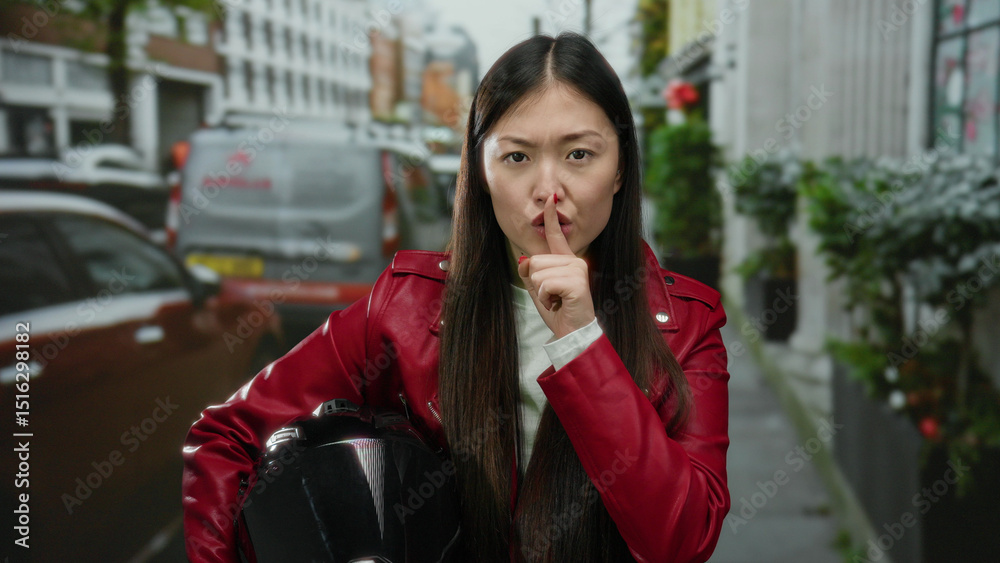 Fototapeta premium Woman shushing on urban street wearing red jacket, holding helmet with finger over lips, surrounded by cars and buildings, conveying silence and secrecy in city setting.