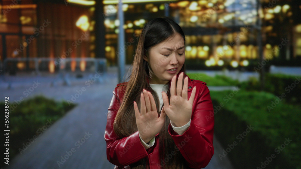 Woman wearing red jacket outdoors in city expresses refusal with hand gestures against blurred urban background depicting evening lights and modern architecture. Woman wearing red jacket outdoors in city expresses refusal with hand gestures against blurred urban background depicting evening lights and modern architecture.