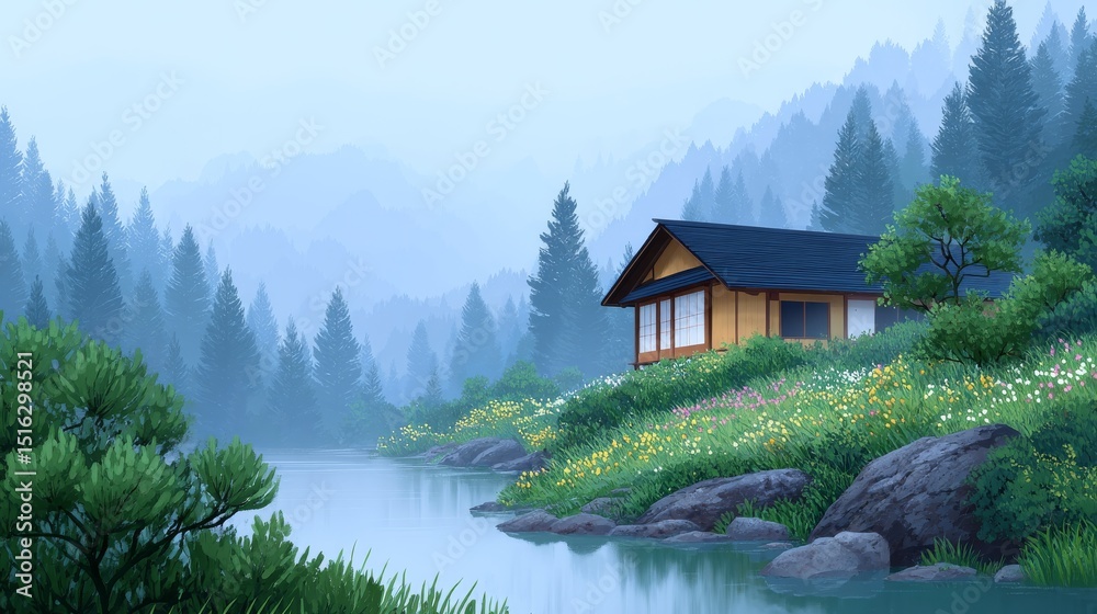 Fototapeta premium Serene Small Tea House Nestled in Tranquil Mountain Forest with Soft Morning Light