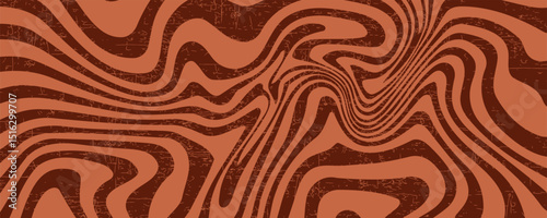 Retro coffee color background. Milk chocolate liquid dessert texture. Wavy swirl candy pattern for poster, cover, banner, pamphlet. Vintage brown trippy hippie wallpaper in 60s or 70s style. Vector