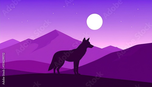 Wolf Silhouette Night Mountain Landscape.