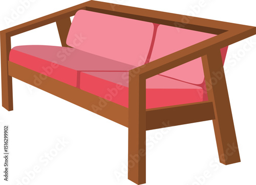 Vector illustration of a stylish wooden sofa with pink cushions – modern two-seater couch design ideal for home furniture, interior decor, and contemporary living room projects