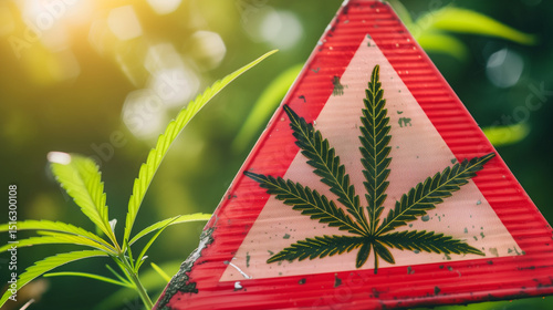 Close-up of red warning sign with cannabis leaf symbol, caution alert for marijuana and drug awareness, substance abuse prevention concept.