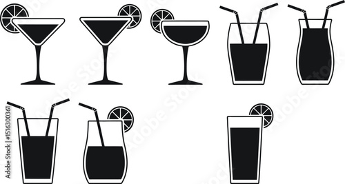 Black and white vector image of various cocktail glasses with citrus slices and drinking straws icons