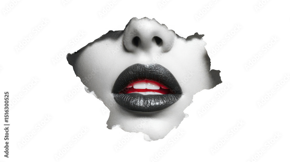 Naklejka premium Black and white photo of a woman's lips with vibrant red lipstick, emerging from torn white paper against a transparent background, creating a striking contrast and a sense of mystery