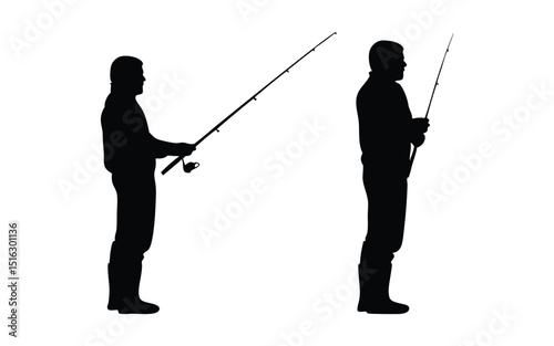 Person fishing with a rod vector silhouette set