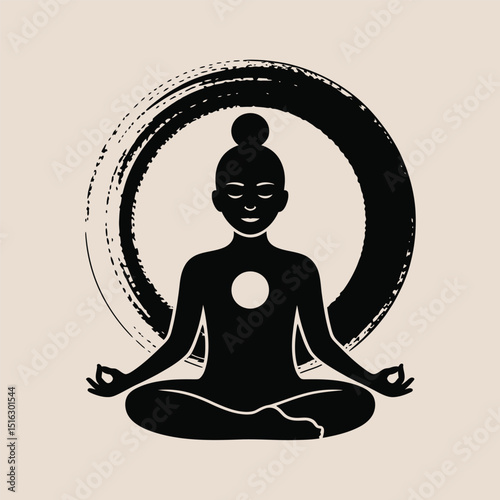 Meditating figure in lotus position with zen circle representing mindfulness spirituality and inner peace in a minimalist black and beige illustration