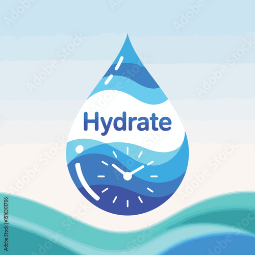 Hydrate icon illustration depicting water droplet clock design promoting healthy hydration practices with blue and white color palette