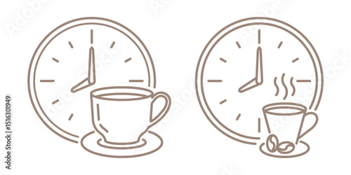 Coffee time linear icons set isolated on transparent background. Cup with hot beverage nearby clock line icon. Editable Stroke.