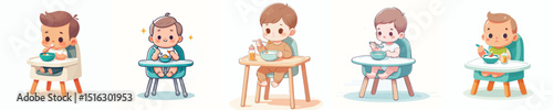 vector of a cute baby eating in a baby chair