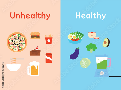 Healthy and Unhealthy Food Vector Illustration