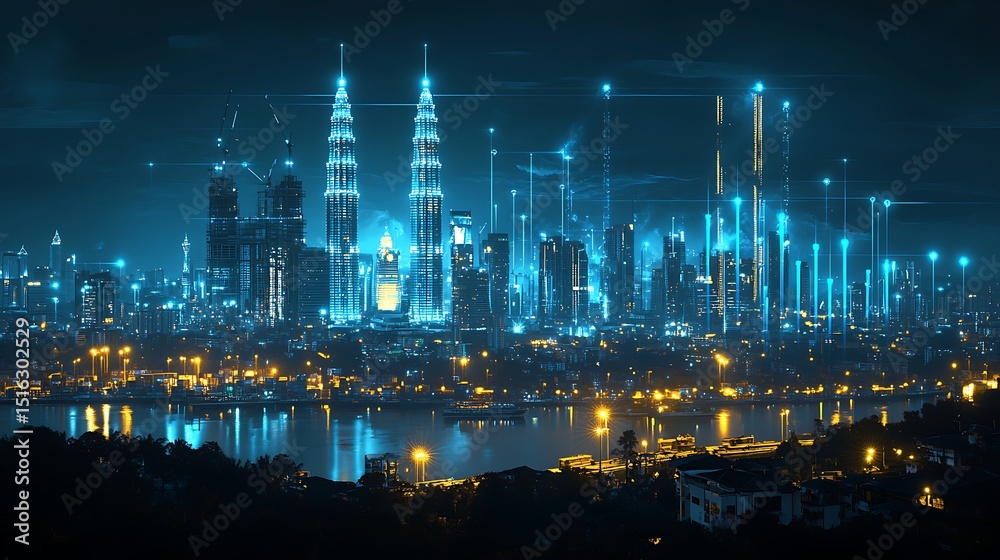 Fototapeta premium economic growth visualization Malaysia with rising bar graphs superimposed on map and glowing shipping containers moving across seas