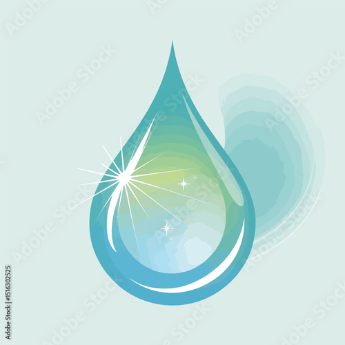 Vector illustration of a stylized water droplet with gradient hues and starburst highlights representing purity freshness and hydration.