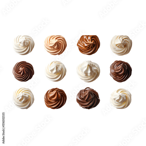 Collection set of white and chocolate whipped cream isolated on a transparent background