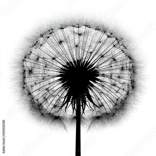 Silhouette of a dandelion puff against a white background.
