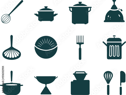 A collection of kitchen utensils and cookware icons displayed on a light blue background in a pattern