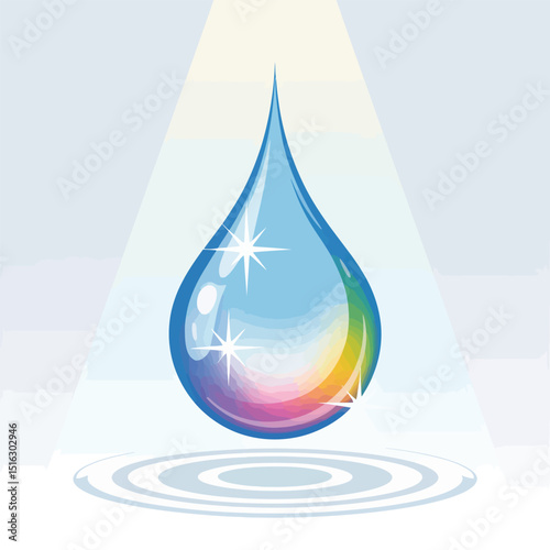 Vibrant and sparkling water droplet illustration with rainbow colors and reflections depicting clean water and freshness in a conceptual design