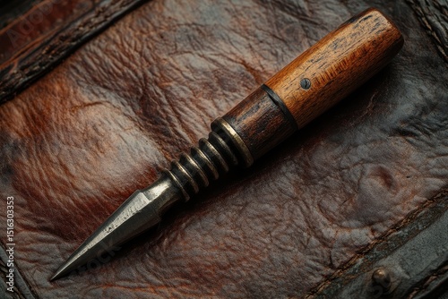 # Awl on Leather A close-up shows an awl with a wooden handle over weathered leather. Perfect for crafting, design, and unique tool related projects.