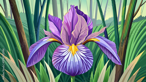 Violet iris petals fan outward with detailed veining in close view. A golden center contrasts against green stems, thriving near woodland edges in early springtime elegance.

