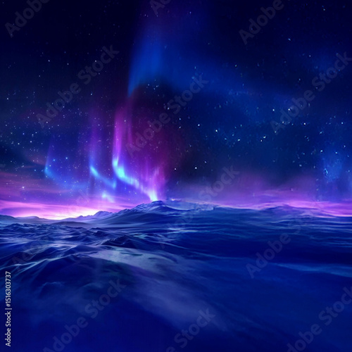 Starry sky with dancing aurora borealis, night sky and snowy landscape,　　　　