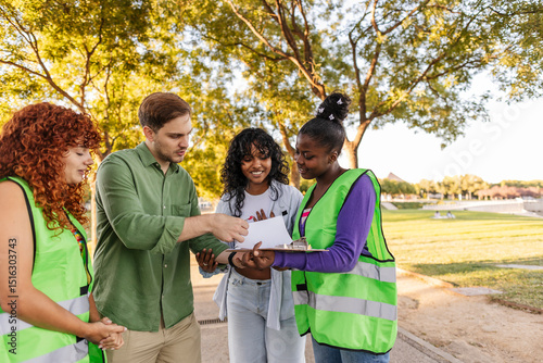 Volunteers reading instructions before starting work in a public park