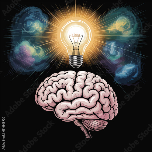 The creative mind concept depicting brain function idea and innovation power with bright lightbulb inspiration