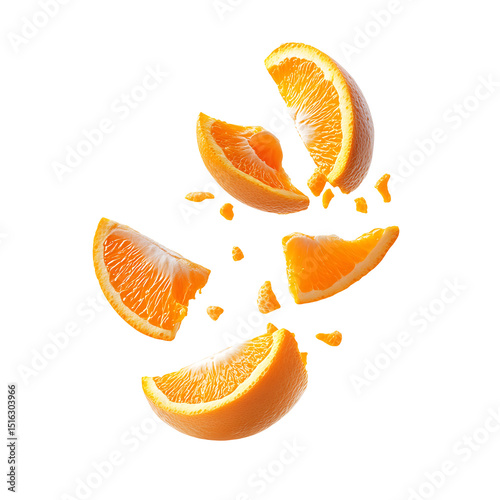 Exploding orange slices isolated on transparent background