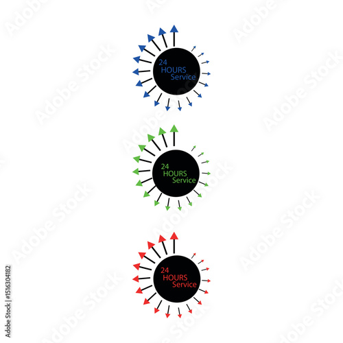 Set of 24 hour service icons with circular arrows in blue green and red colors on white background
