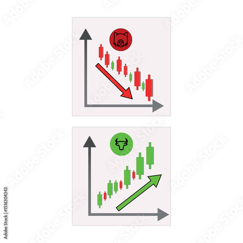 Bull and bear market trend icons with green and red candlestick chart arrows for financial stock trading concept

