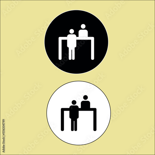 Customer service and information counter icon set with people interaction in black and white circles
