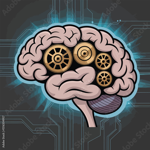 Conceptual illustration of a human brain with mechanical gears representing ideas intelligence and thought processes