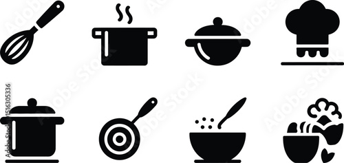 A set of eight kitchen icons showing a whisk pot chef hat bowl and other cooking utensils in black