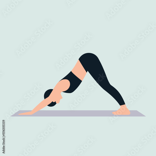Illustration of a woman performing downward-facing dog yoga pose on a yoga mat for wellness and fitness practice showing flexibility and body strength