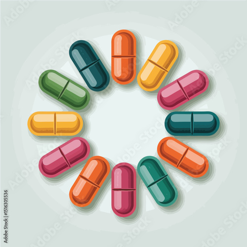 Colorful capsule pills arranged in a circular pattern on a light background representing healthcare and medication concepts