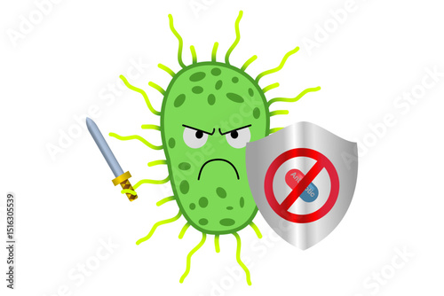 Cartoon Superbug with Sword and Anti-Antibiotics Shield , Antimicrobial Resistance Illustration for Medical and Educational Use