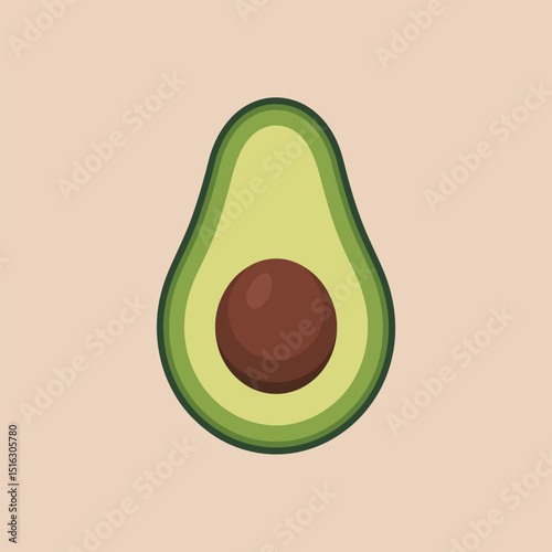 Minimalist illustration of a vibrant avocado half showing seed on a neutral beige background perfect for health food and culinary design
