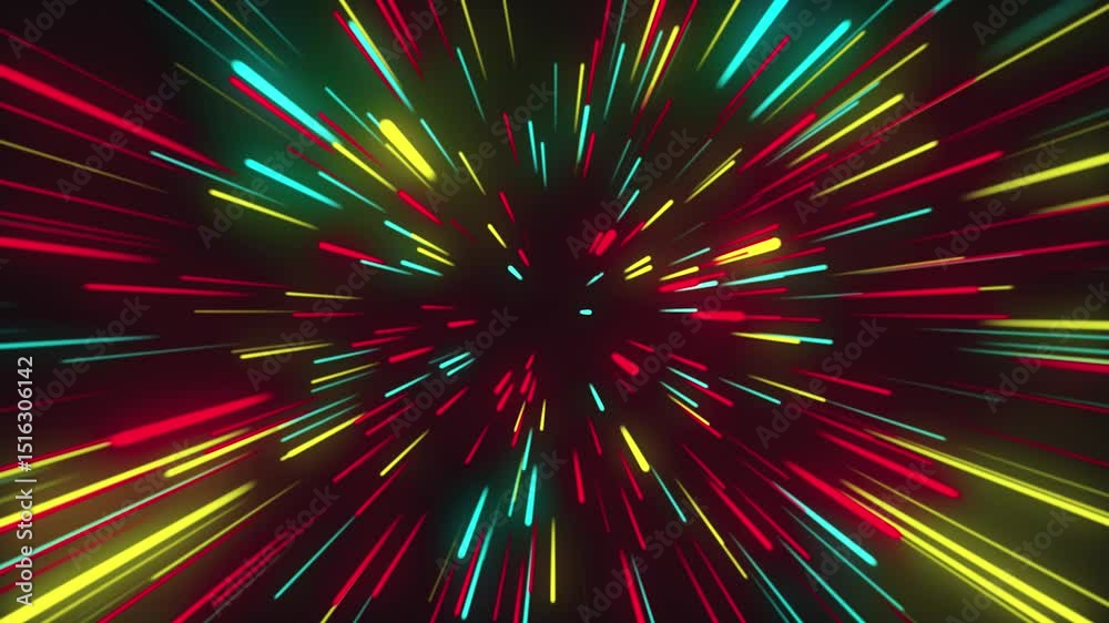 Vibrant, fast-paced animation simulating a warp speed space flight with colorful neon light trails. A mix of red, yellow, and cyan lines create a futuristic tunnel effect. Vibrant, fast-paced animation simulating a warp speed space flight with colorful neon light trails. A mix of red, yellow, and cyan lines create a futuristic tunnel effect.