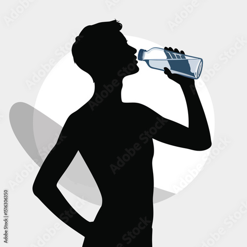 Silhouette of a person drinking water from a bottle depicting hydration and wellness in a modern minimalist style suitable for health and fitness concepts