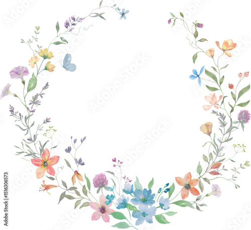 Wallpaper Mural Watercolor floral wreath with cute wildflowers. Hand-drawn floral illustration. Vector EPS. Torontodigital.ca
