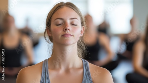 Young woman meditates in a yoga class, eyes closed peacefully. It represents relaxation, mindfulness, and healthy lifestyle choices. Free Download Young woman meditates in a yoga class, eyes closed peacefully. It represents relaxation, mindfulness, and healthy lifestyle choices. - GFXLoad