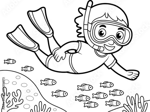 Child snorkeling underwater ocean scene coloring page