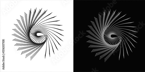 Modern abstract background. Halftone dots in circle form. Spiral logo, icon or design element. Black dots on a white background and white dots on the black side.