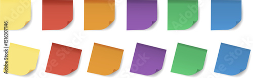 Set of colorful square sticky notes with curled corners in red, yellow, orange, purple, green, and blue. Ideal for reminders, planners, UI design, and scrapbooking