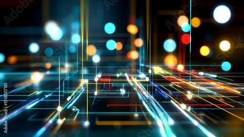 Glowing lines create a seamless loop in a digital landscape with vibrant colors