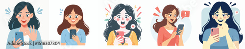 vector woman gesture shock looking at mobile phone